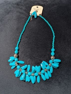 My Style Blue Beaded Statement Necklace Adjustable Ball/Bead & Earrings